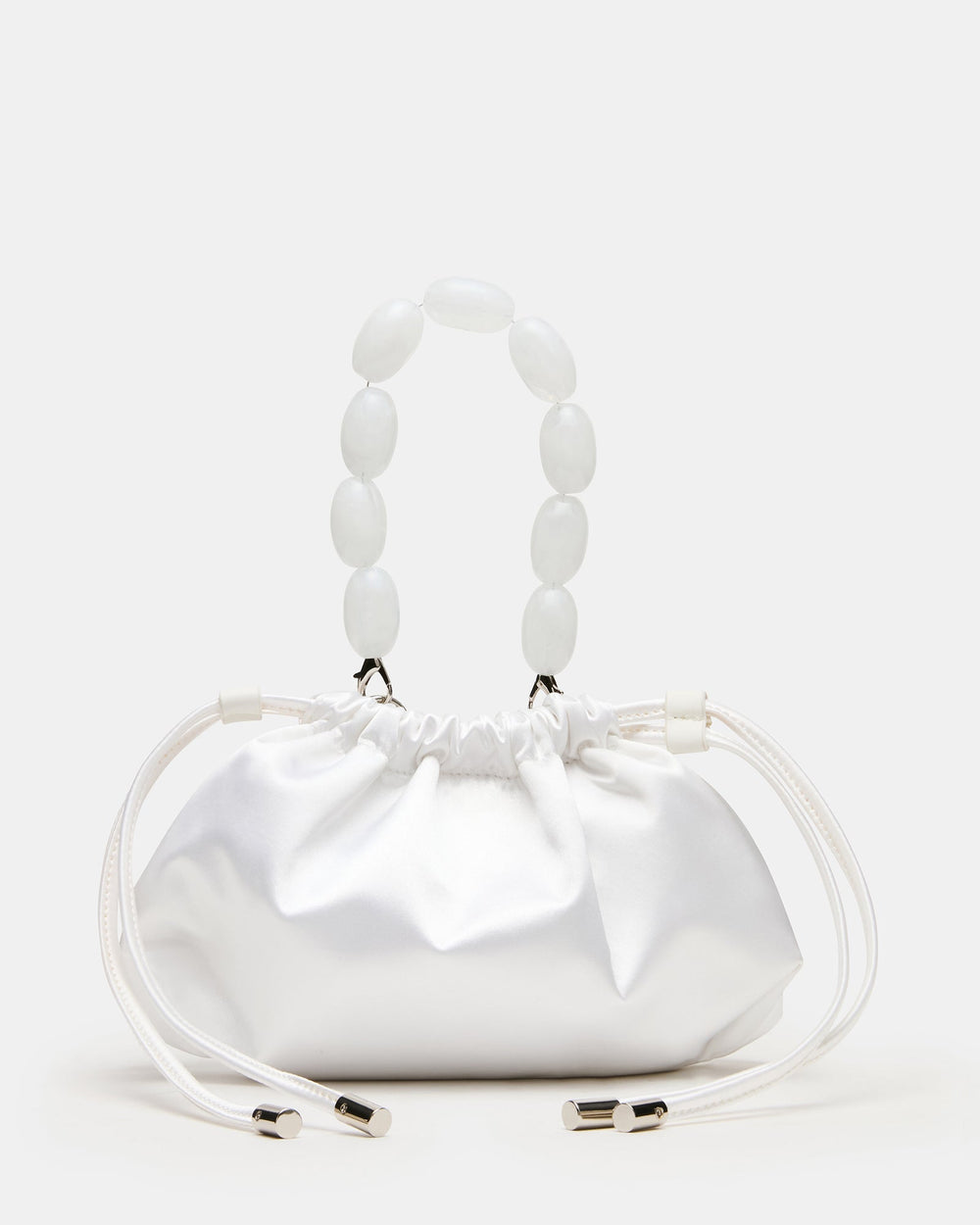 MARIELA White Satin Beaded Drawstring Crossbody Clutch Handbag | Steve Madden
