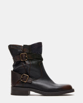 DENIS Brown Distressed Moto Buckles Women's Ankle Boot | Steve Madden