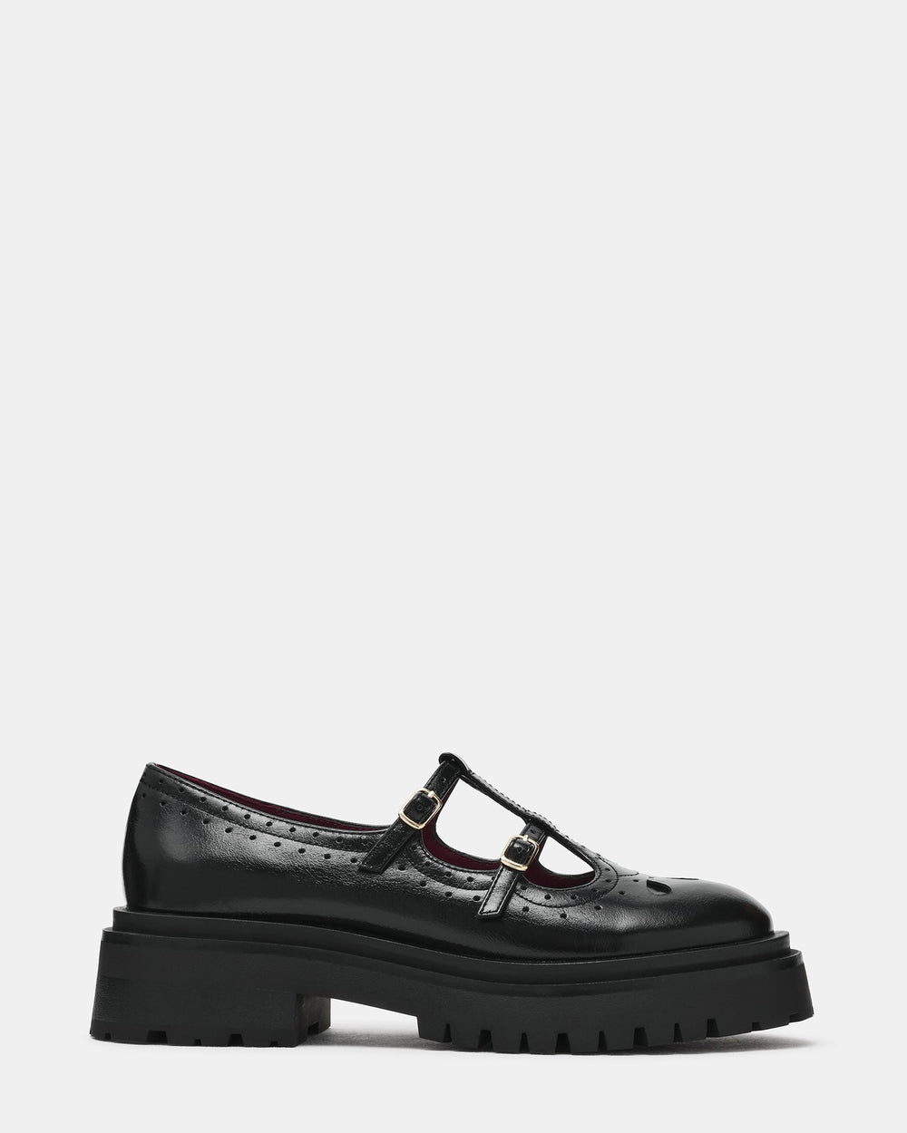 LUANNE Black Leather T-Strap Buckles Lug Women's Loafer | Steve Madden