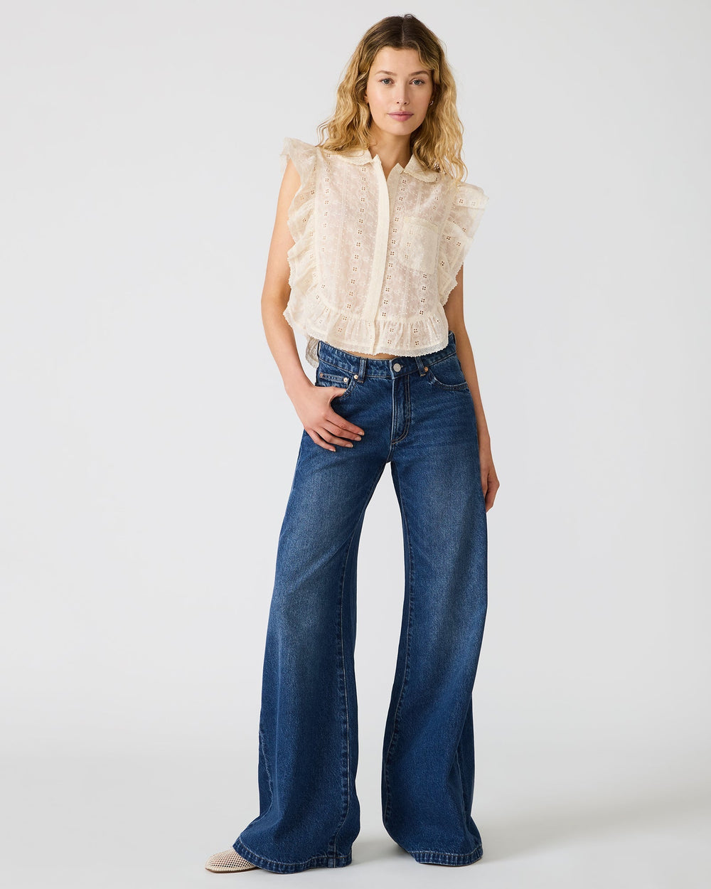 ADELINE Natural Eyelet Button-Up Ruffles Women's Top | Steve Madden