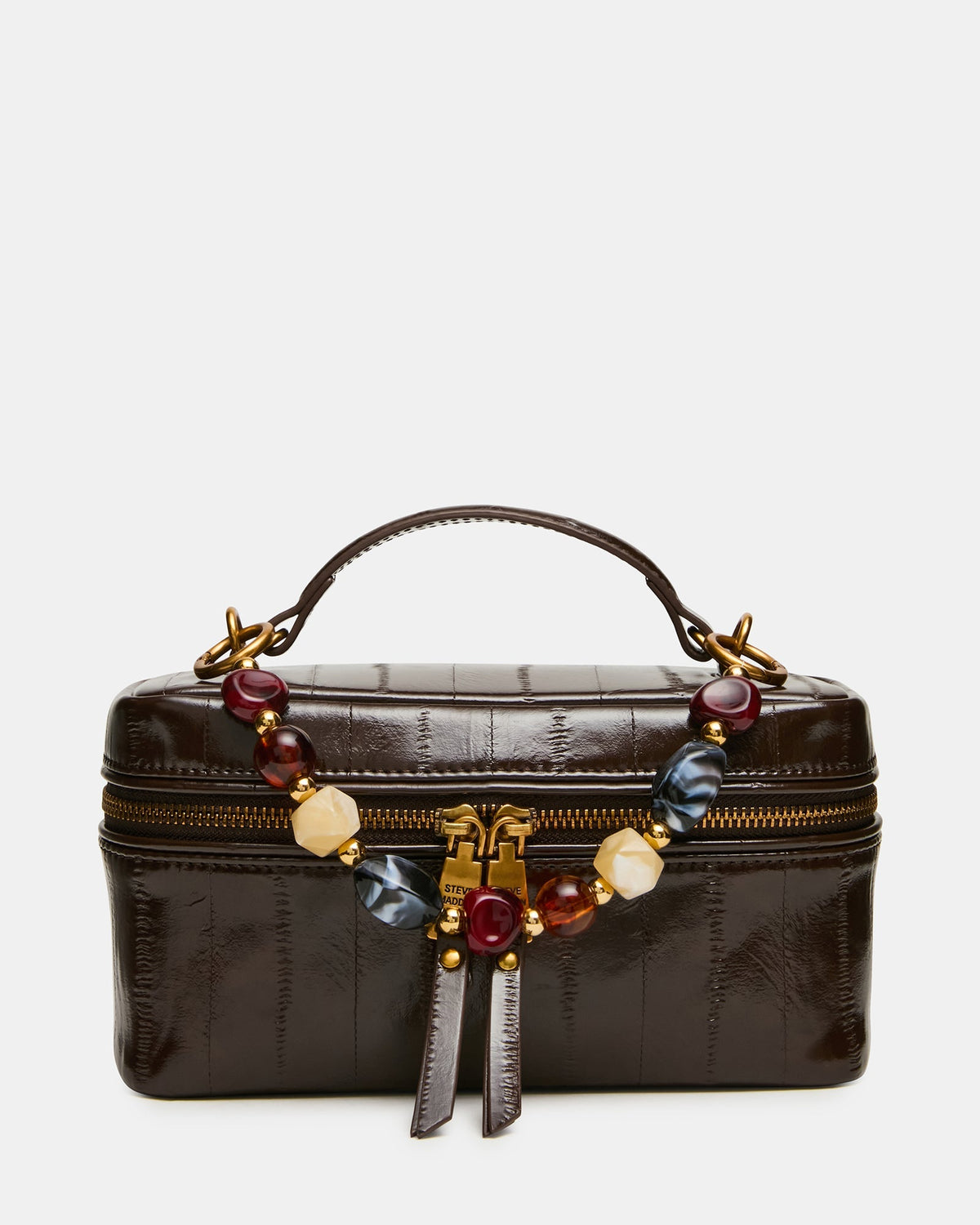 HERRA Brown Eel Beaded Top Handle Vanity Case Crossbody Handbag | Steve Madden