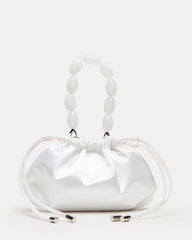MARIELA White Satin Beaded Drawstring Crossbody Clutch Handbag | Steve Madden